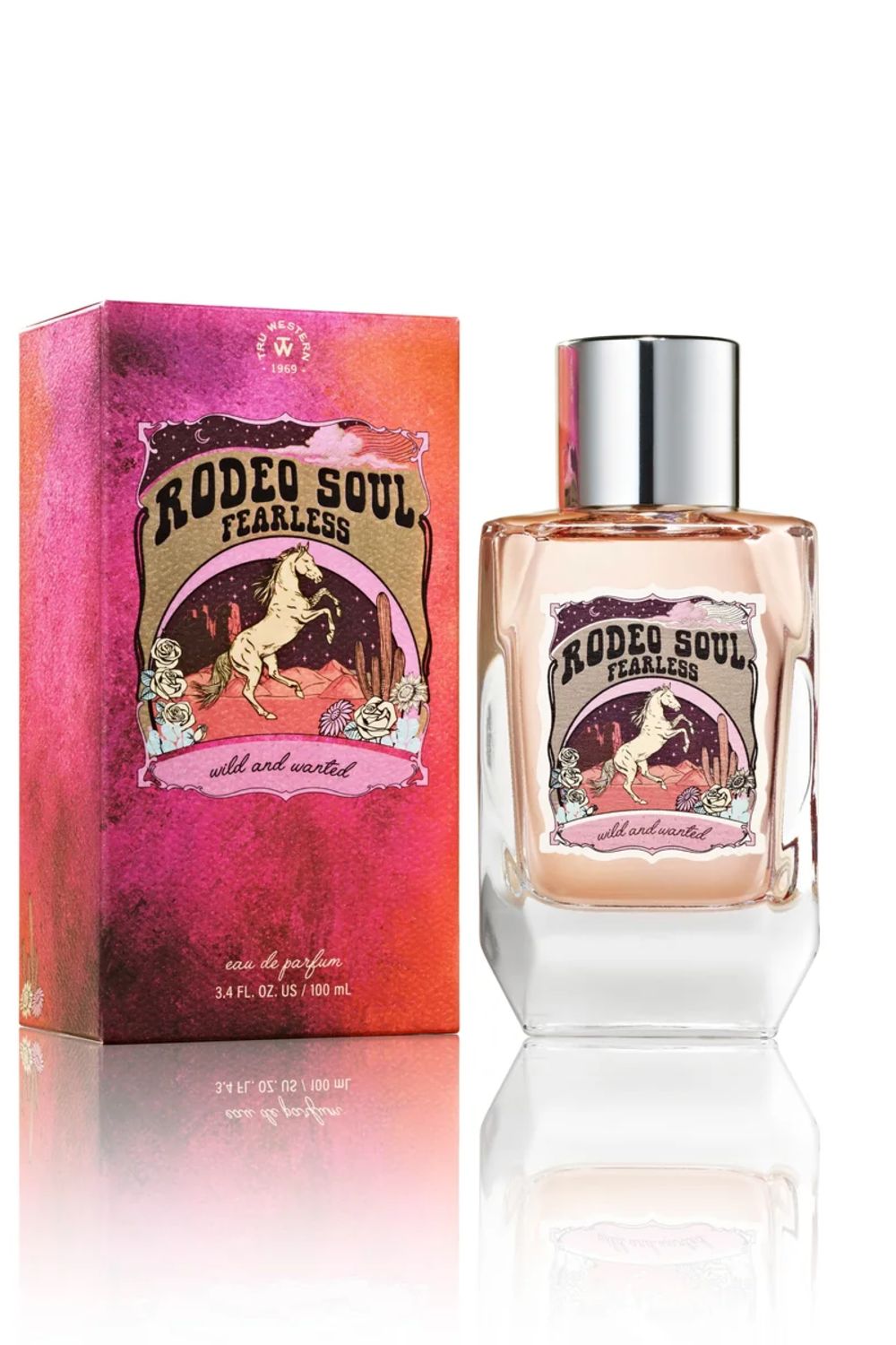 Rodeo Soul Fearless perfume bottle and its matching pink and orange illustrated box, displayed on a reflective white surface.