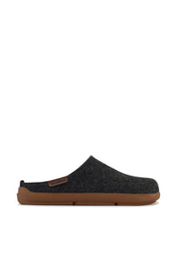 A single dark gray felt slip-on clog shoe with a brown rubber sole, shown in profile against a solid white background.