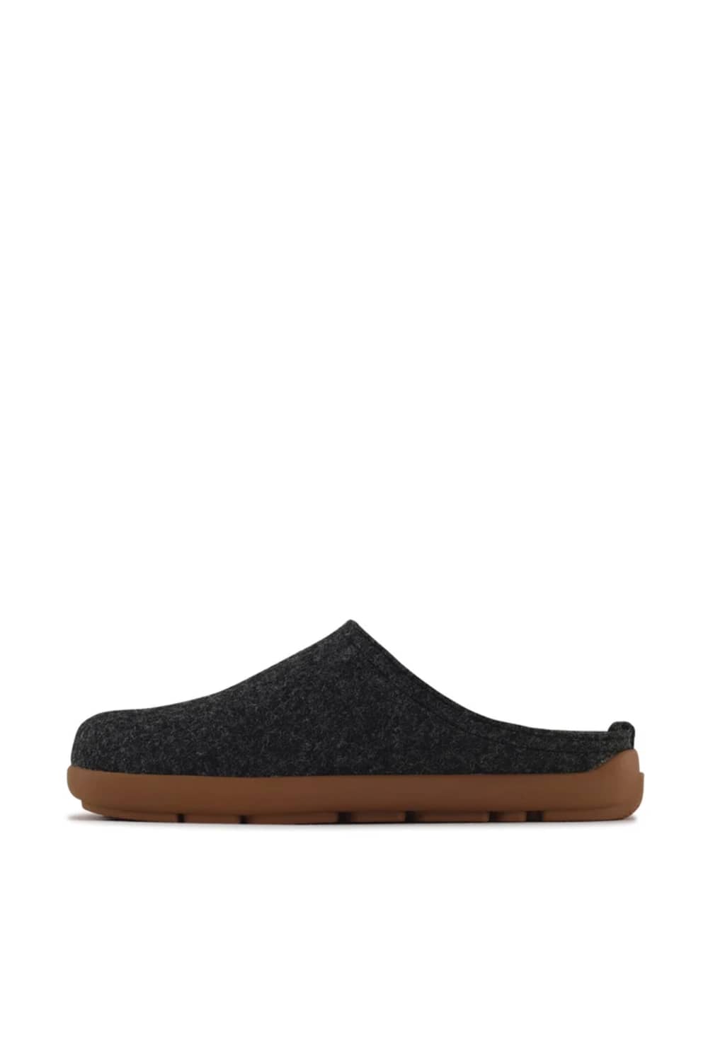 A single dark charcoal gray felt slip-on clog shoe with a brown rubber sole, shown in a side profile view against a solid white background.