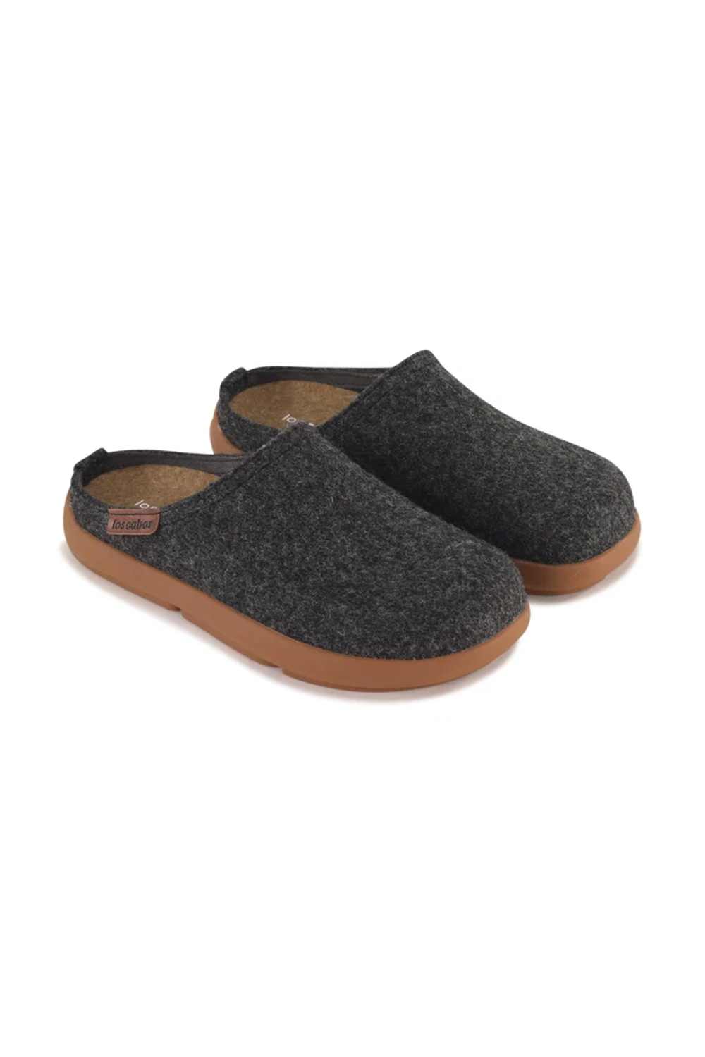 A pair of dark gray felt slip-on clogs with brown soles, shown from a three-quarters angle on a white background.
