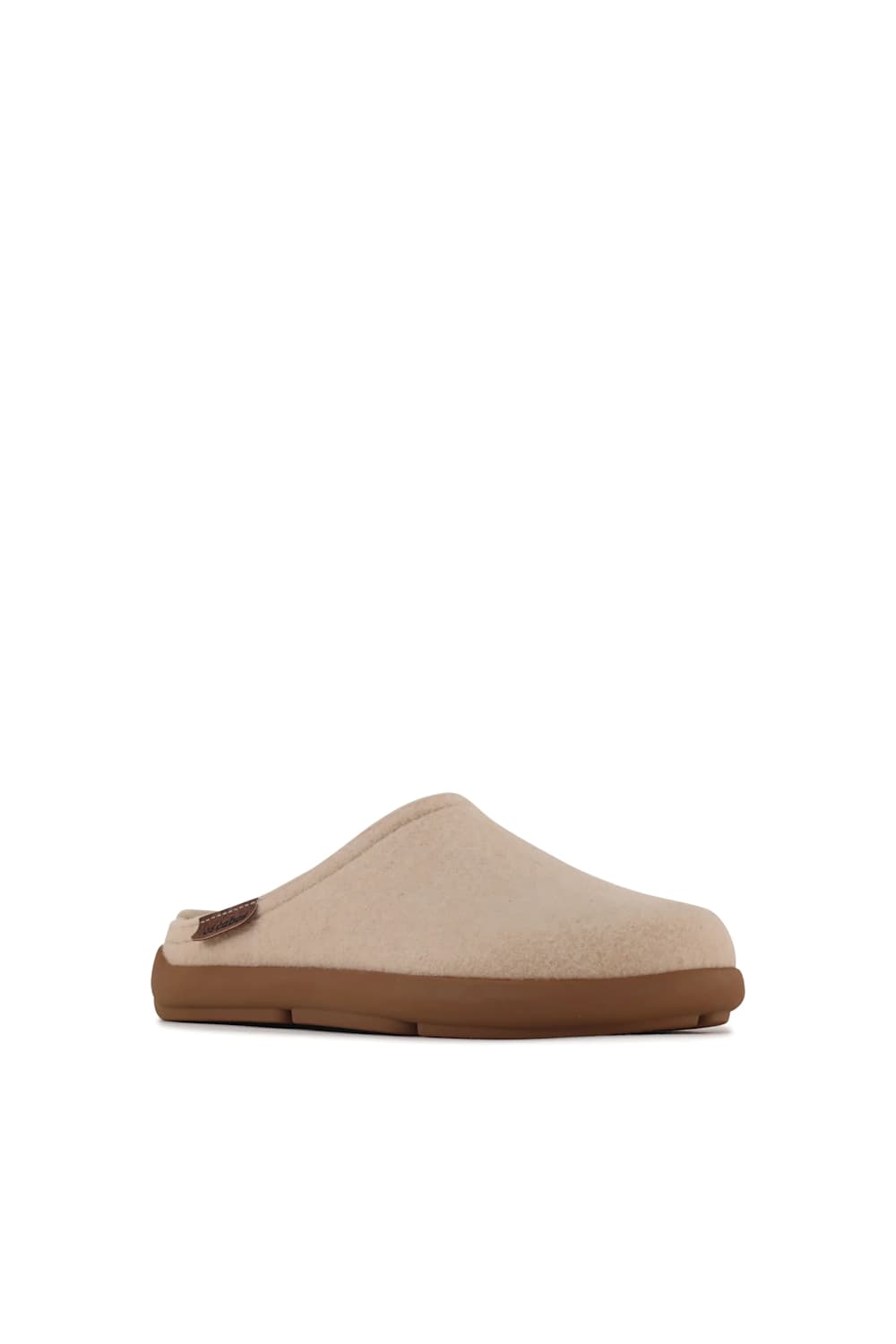 A single slip-on clog-style mule shoe in light beige suede or fabric with a brown sole, shown from the side against a plain white background.
