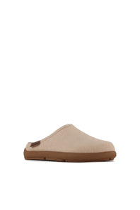 A single slip-on clog-style mule shoe in light beige suede or fabric with a brown sole, shown from the side against a plain white background.