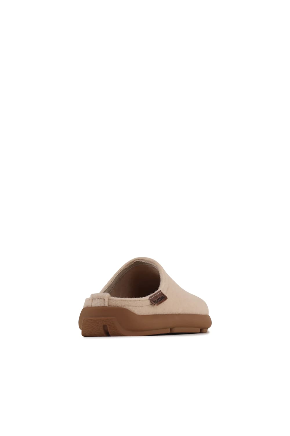 A single beige slip-on clog-style shoe with a brown sole, shown from a side-rear angle on a plain white background.