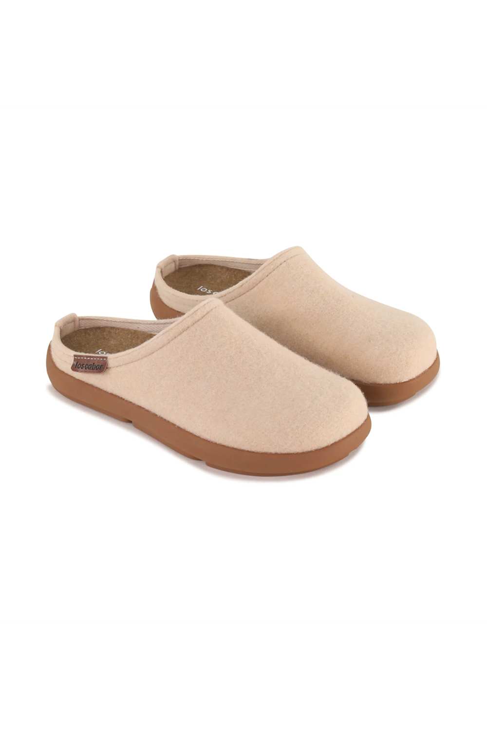 A pair of beige slip-on felt house slippers with brown soles, shown on a clean white background.