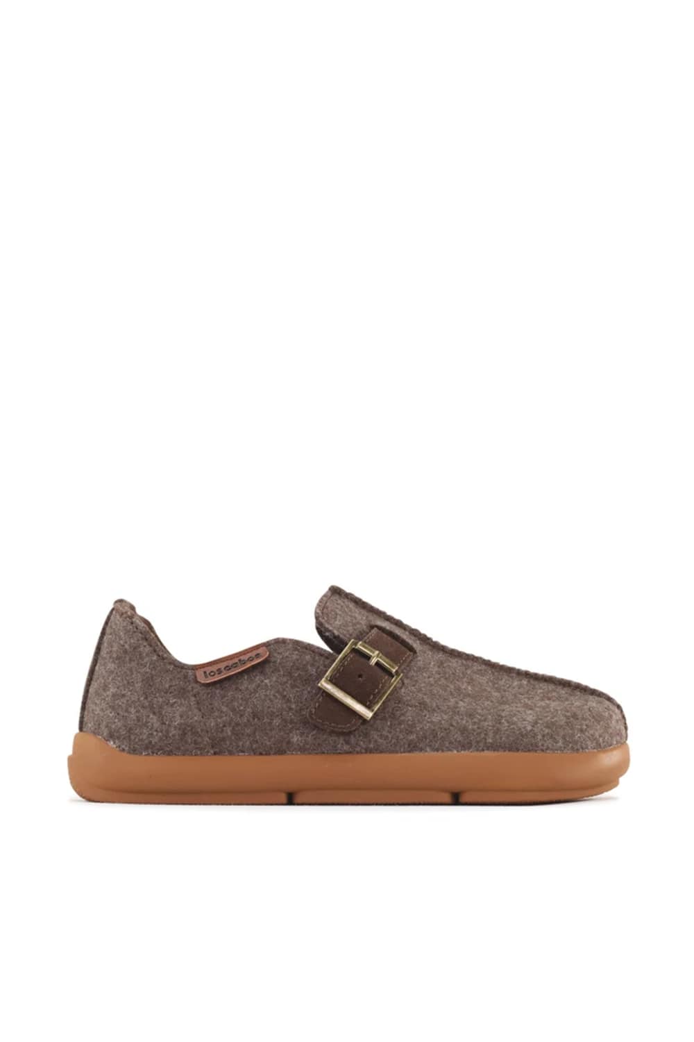 Mocha brown fuzzy felt clog slip on shoe, with buckle strap detailing 
