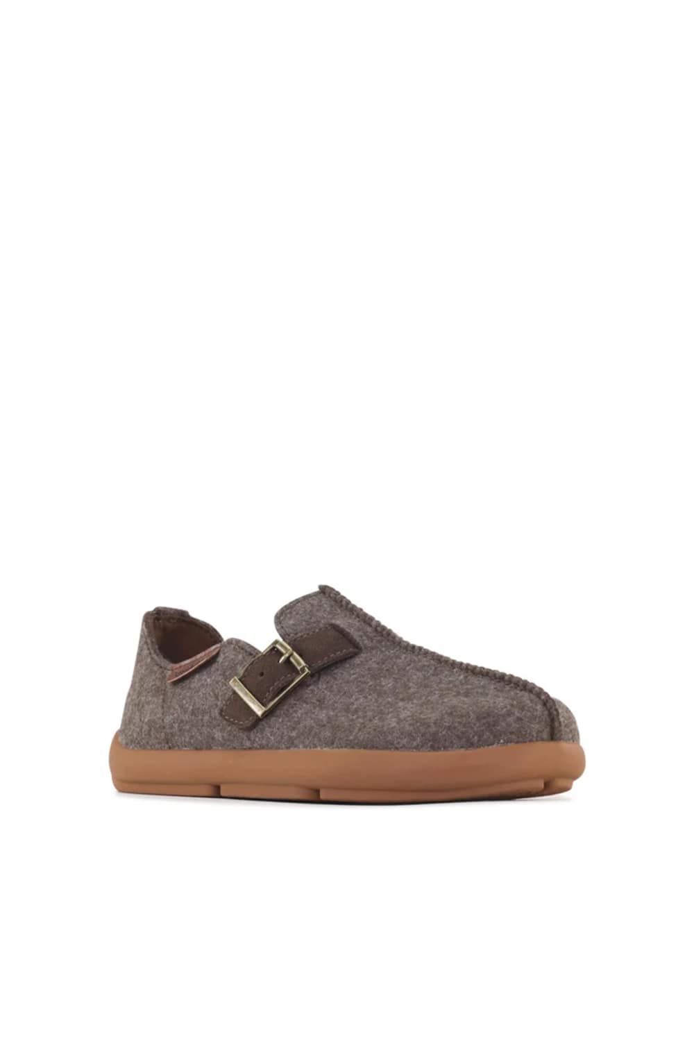 Mocha brown fuzzy felt clog slip on shoe, with buckle strap detailing 