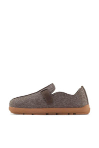 A single slip-on shoe in textured brown felt with a matching brown strap and a gum brown sole, shown in profile against a white background.