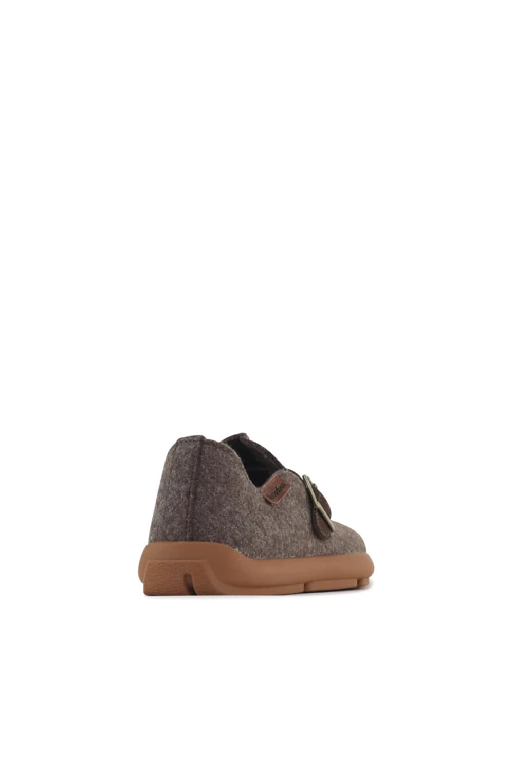 Mocha brown fuzzy felt clog slip on shoe, with buckle strap detailing 