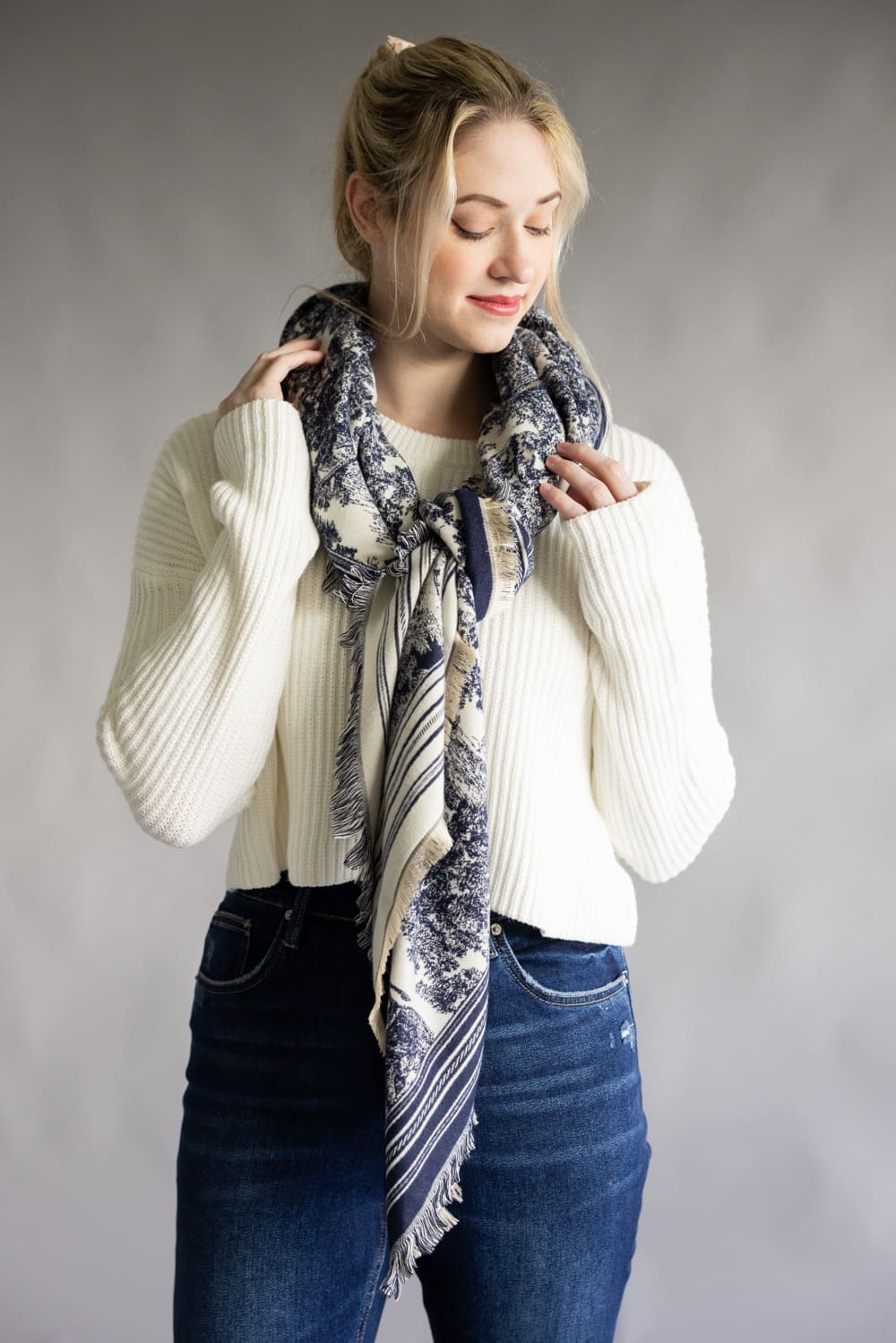 Floral Print Silk Scarf for Women in Navy