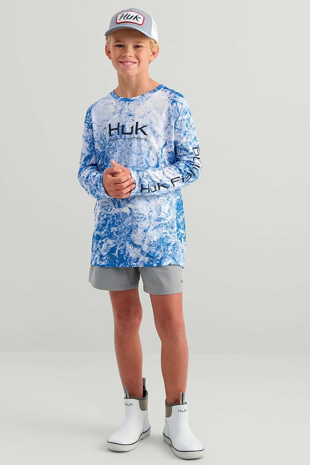  Huk Fishing Youth Pursuit Mossy Oak Crew T-Shirt for Boys in Blue 