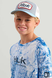 Huk Fishing Youth Pursuit Mossy Oak Crew T-Shirt for Boys in Blue 