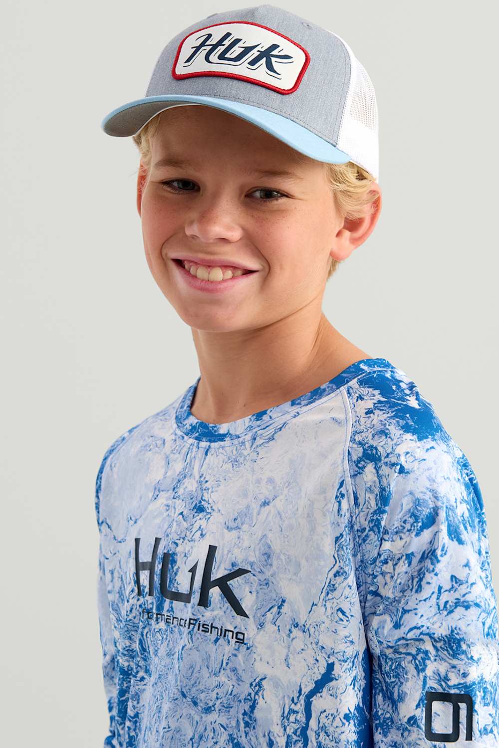  Huk Fishing Youth Pursuit Mossy Oak Crew T-Shirt for Boys in Blue 