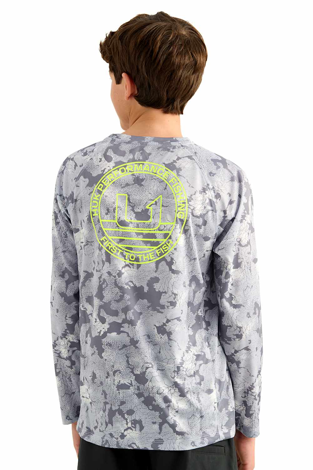 Huk Fishing Youth Printed Pursuit Performance Crew T-Shirt for Boys in Sharkskin Print