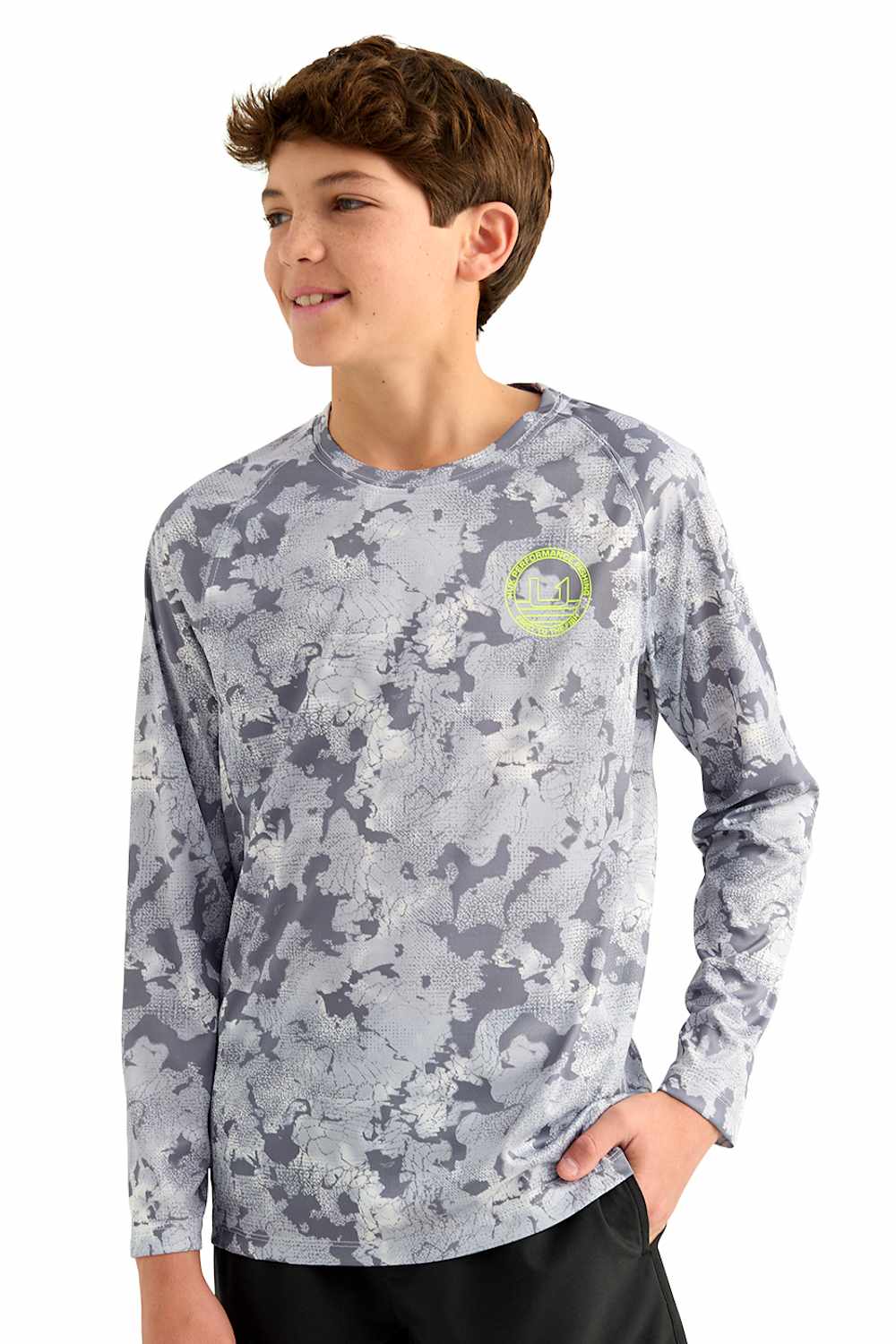 Huk Fishing Youth Printed Pursuit Performance Crew T-Shirt for Boys in Sharkskin Print