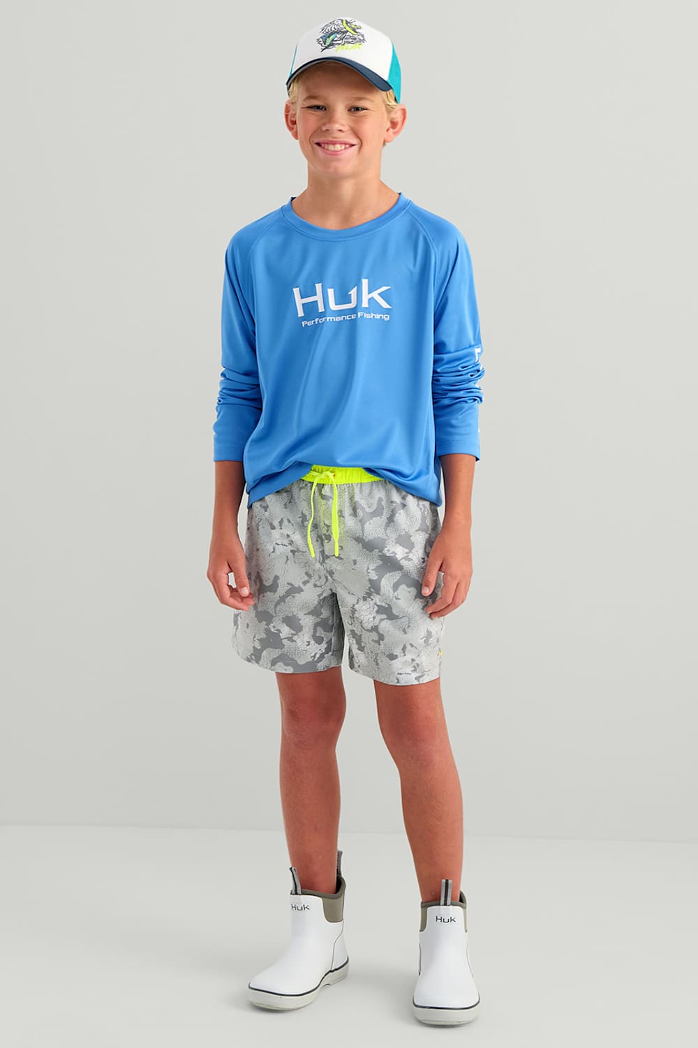 Huk Fishing Youth Printed Pursuit Volley Shorts for Boys in Grey