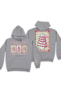 A heather gray pullover hoodie shown from both the front and back, featuring festive Christmas tree graphics in pink, red, and green on a cream gingham background.