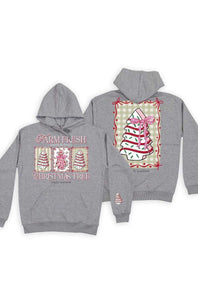 A heather gray pullover hoodie shown from both the front and back, featuring festive Christmas tree graphics in pink, red, and green on a cream gingham background.