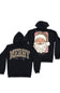 Two black hoodies shown on a white background: one front view with large leopard-print 'MERRY' lettering and smaller white script text, and one back view featuring a large Santa face graphic with red, white, and gold details.