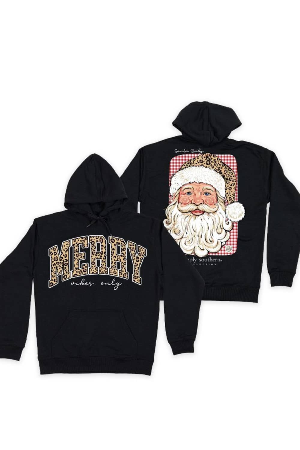 Two black hoodies shown on a white background: one front view with large leopard-print 'MERRY' lettering and smaller white script text, and one back view featuring a large Santa face graphic with red, white, and gold details.