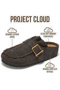 A dark brown suede clog-style shoe labeled 'PROJECT CLOUD' on a white background, with callout icons and text describing the genuine leather upper, ultra soft memory foam insole, and durable non-slip outsole.