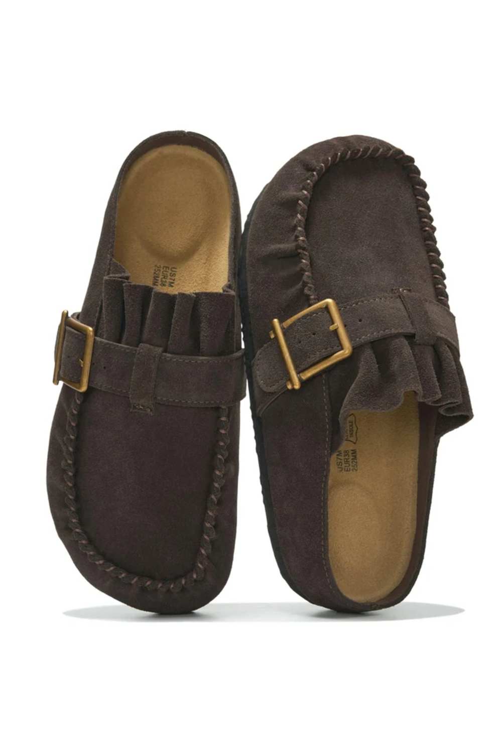 A pair of dark brown suede moccasin-style loafers with gold-tone buckle straps, shown from the top and side on a white background.