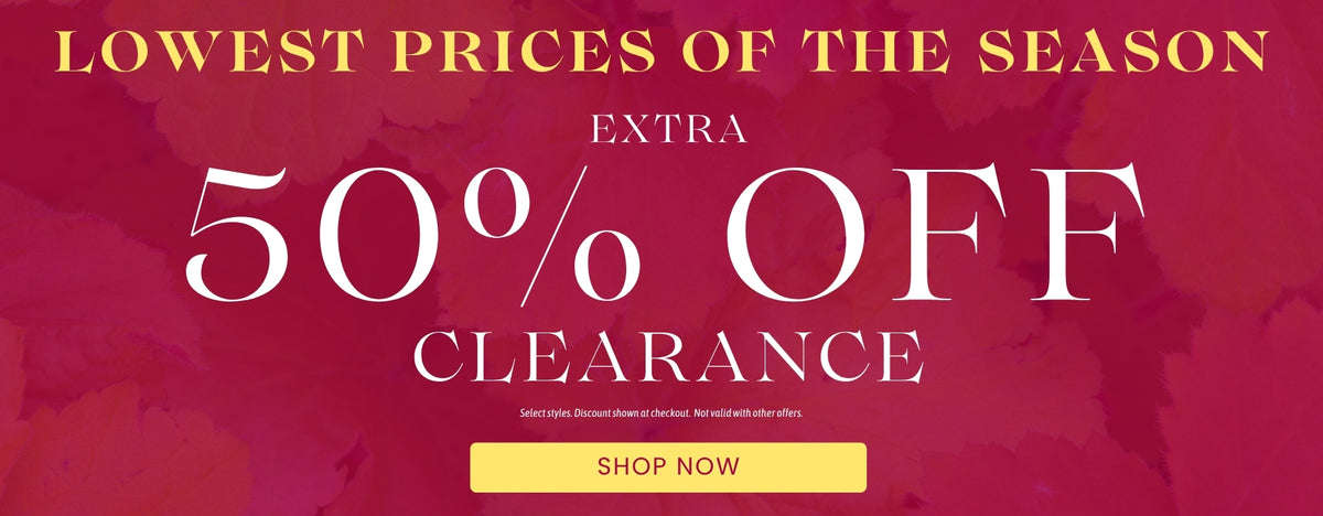 Promotional banner with a dark magenta background featuring a silhouette pattern of autumn leaves. The text reads LOWEST PRICES OF THE SEASON in yellow at the top, followed by EXTRA 50% OFF CLEARANCE in large white letters. Small fine print below states Select styles. Discount shown at checkout. Not valid with other offers. A yellow rectangular button at the bottom reads SHOP NOW