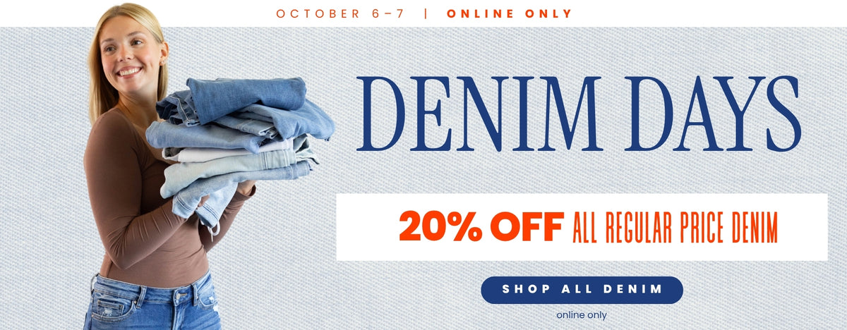 Promotional banner for Glik’s Denim Days featuring a smiling model holding a stack of jeans, with text reading DENIM DAYS, 20% OFF ALL REGULAR PRICE DENIM, SHOP ALL DENIM, and October 6–7 | Online Only.