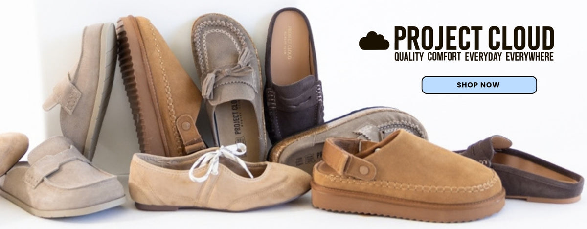 Different styles and pairs of Project Cloud branded shoes including mules, clogs and ballet flats. In the blank space is the Project Cloud brand logo and branded text that reads QUALITY COMFORT EVERYDAY EVERYWHERE with a blue call to action button that reads SHOP NOW