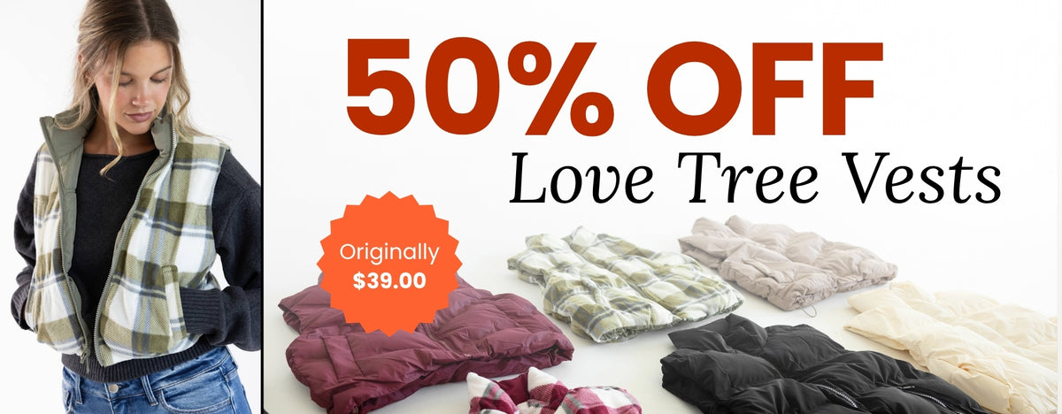 Promotional banner featuring a model wearing a green and white plaid vest over a black sweater on the left side. The right side displays large bold red text reading 50% OFF above black text Love Tree Vests. Below is an array of folded vests in various colors and patterns, accompanied by an orange starburst badge that reads Originally $39.00