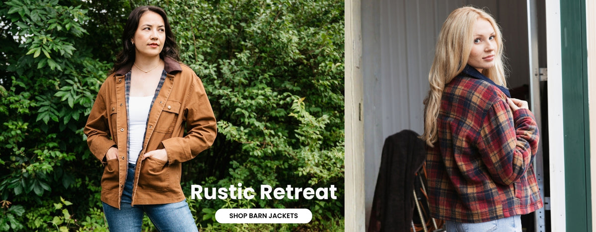 Rustic Retreat barn jacket promotion featuring two women modeling a brown utility jacket on the left and a women modeling red plaid jacket on the right, with a Shop Barn Jackets call to action