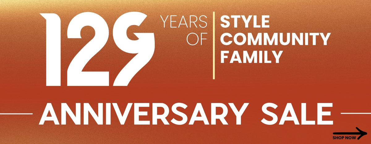 Promotional graphic for Glik's Anniversary Sale celebrating 129 years of style, community, and family on a orange and yellow gradient background with a black arrow and SHOP NOW call-to-action in the bottom left corner