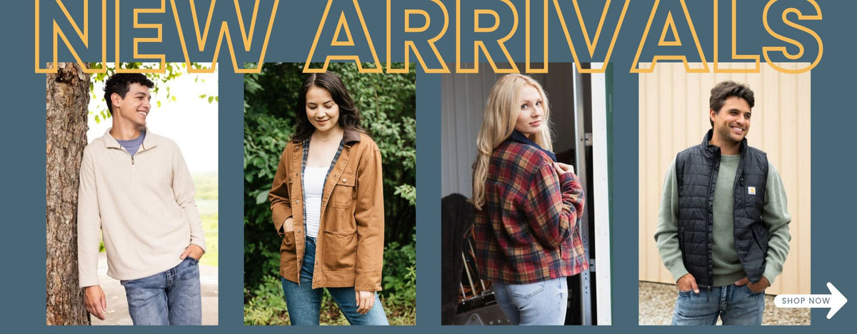 Image has a dark dark background with 4 different pictures of men and women standing at different outdoor locations. The first image of a man wearing a beige quarter zip against a tree, next image of a woman wearing a brown barn jacket standing in front of green trees, the third image of a woman wearing a red plaid jacket in a building and the final image is a man wearing a black vest with a green long sleeve. Text at the top reads NEW ARRIVALS then a white arrow with SHOP NOW at the bottom right corner