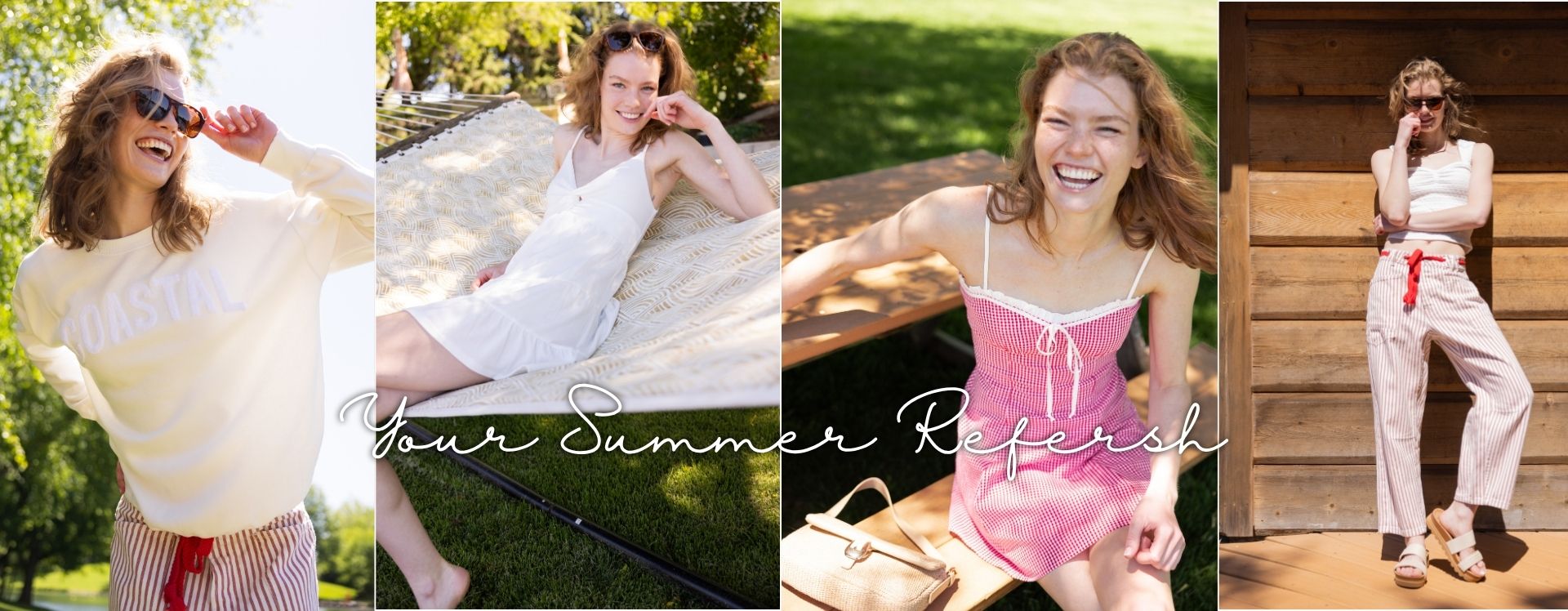 4 different photos af the same woman wearing different outfits posing at different outdoor locations with text that reads "Your Summer Refresh"