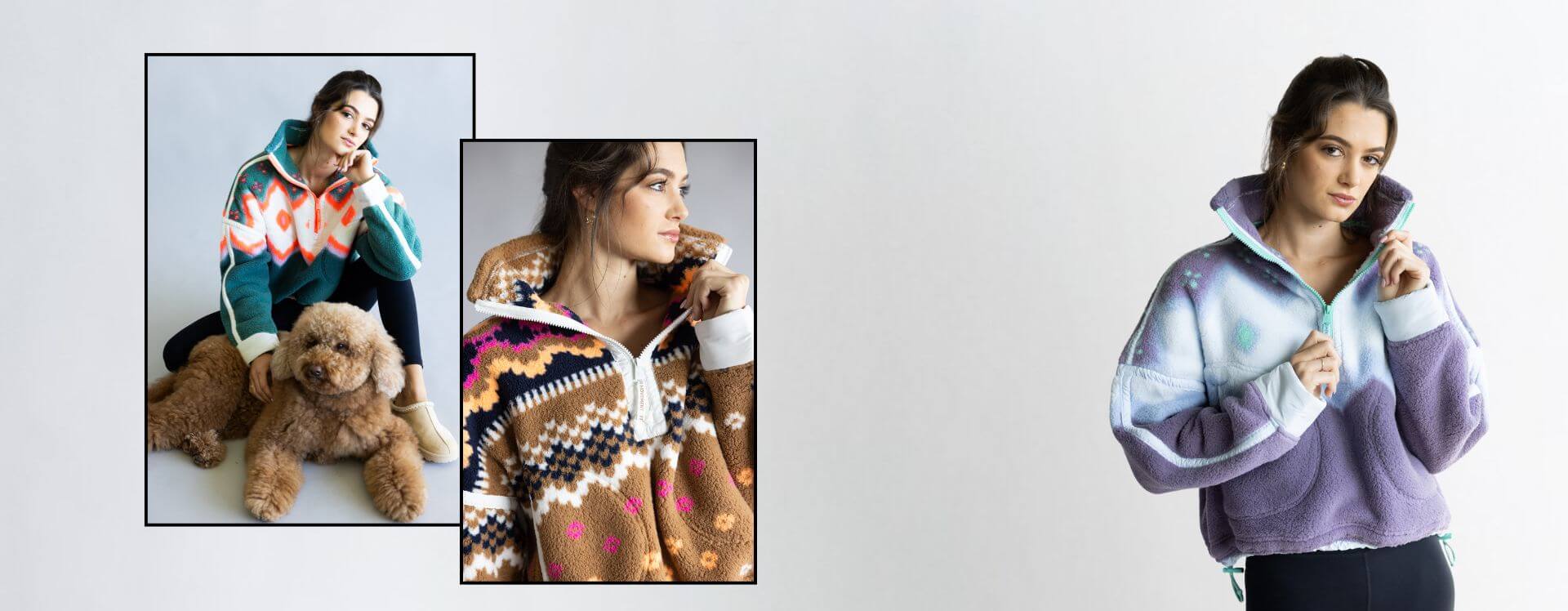 Woman wearing FP Movement Mountain High Prints in green, brown and purple