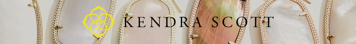 Close up image of Kendra Scott jewelry pendant and gems with the Kendra Scott brand logo overtop