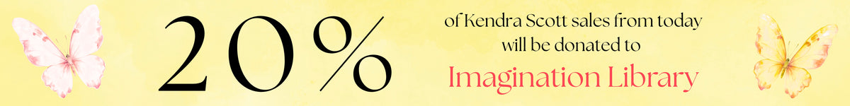 A yellow gradient promotional banner that reads 20% of Kendra Scott sales from today will be donated to Imagination Library with 2 colorful butterflies on the sides of the banner 