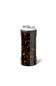 A black and brown tortoiseshell can cooler sleeve holding a silver aluminum can, shown on a clean white background.