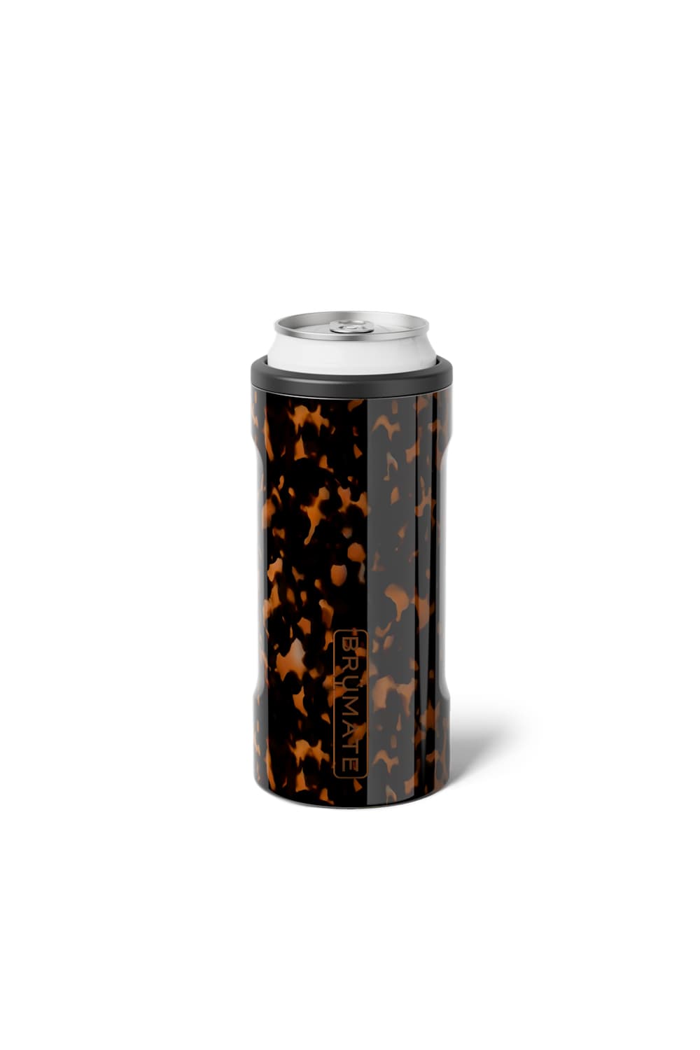 A black and brown tortoiseshell can cooler sleeve holding a silver aluminum can, shown on a clean white background.
