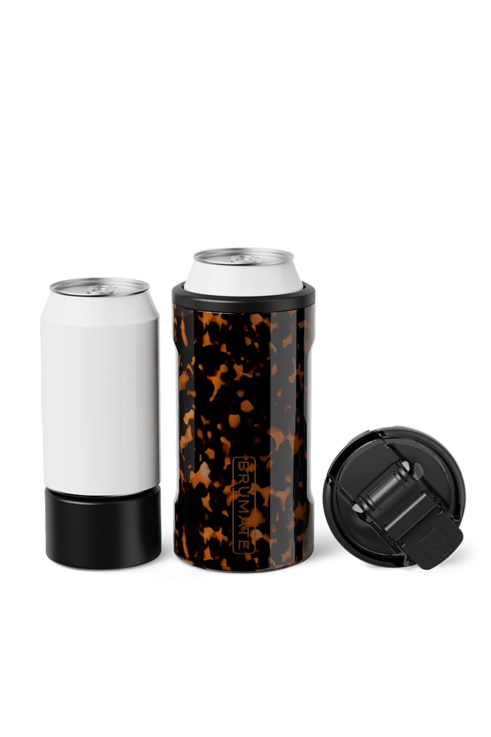 A can cooler shown on a white background, featuring a white insulated sleeve with a black base, a black tortoiseshell-patterned sleeve holding a can, and a separate black lid.