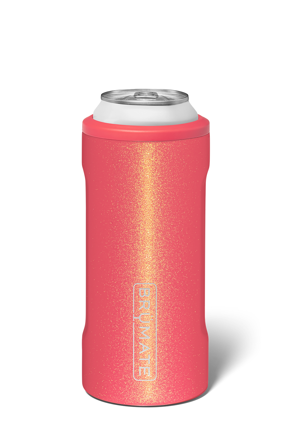 Sparkly insulated slim can cooler in a coral pink color, with Brumate logo on front 