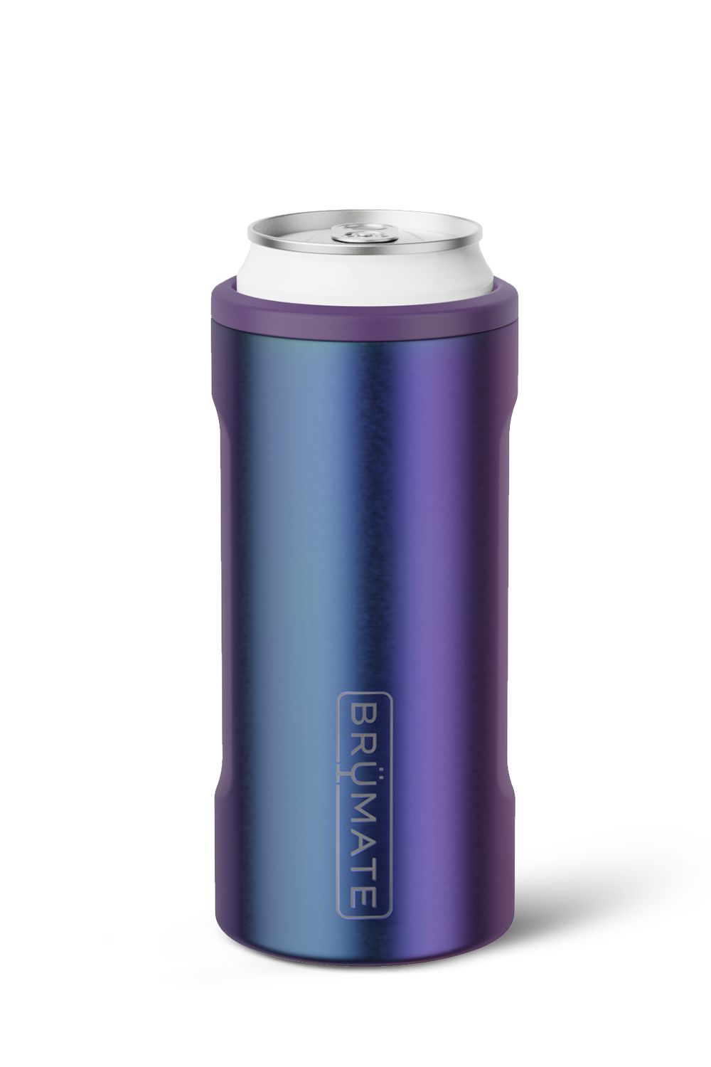 An iridescent can cooler in a purple-to-blue gradient finish, shown with a silver aluminum can inserted. The brand name 'BRUMATE' is vertically printed on the front.