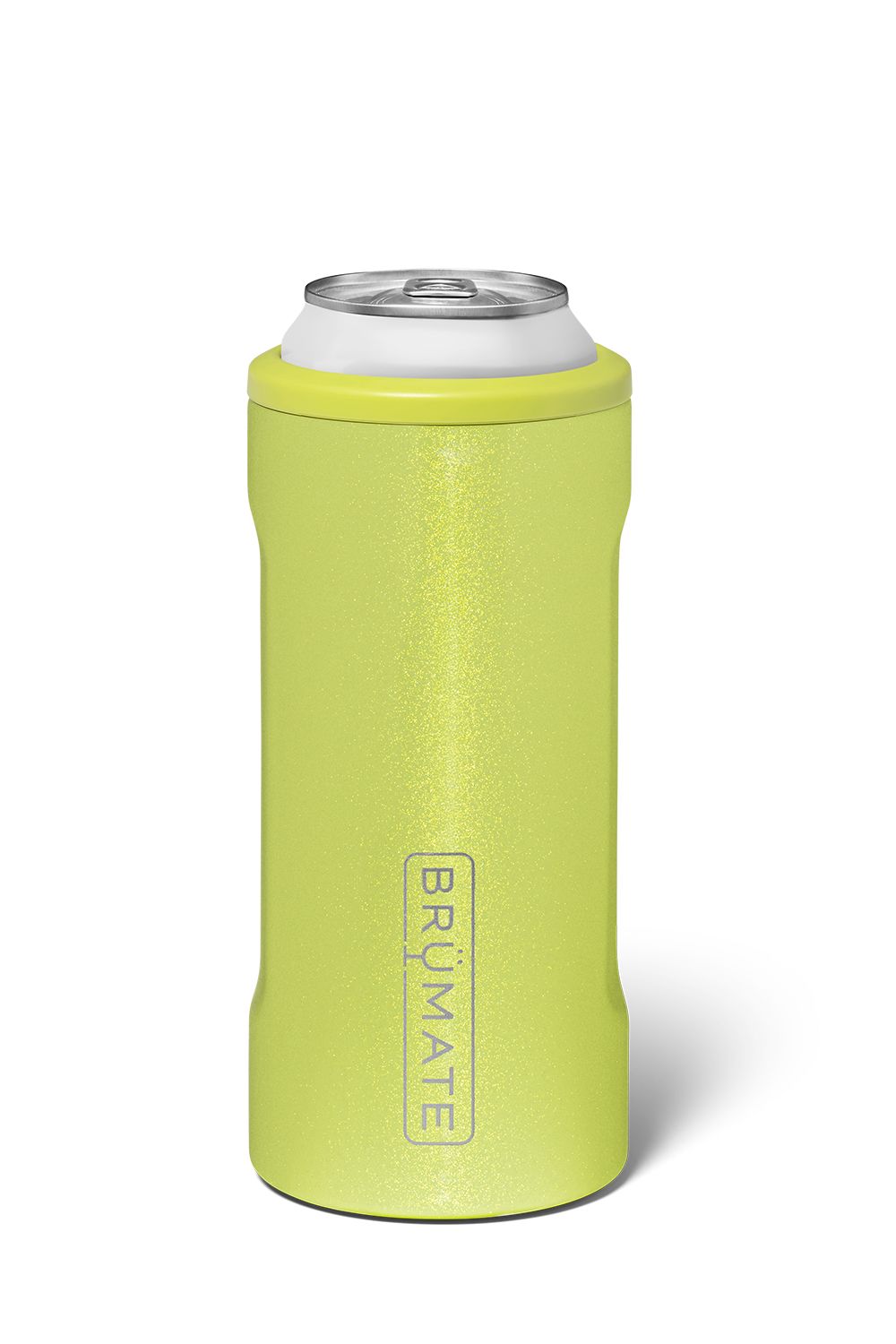 Sparkly slim can cooler in a neon yellow color