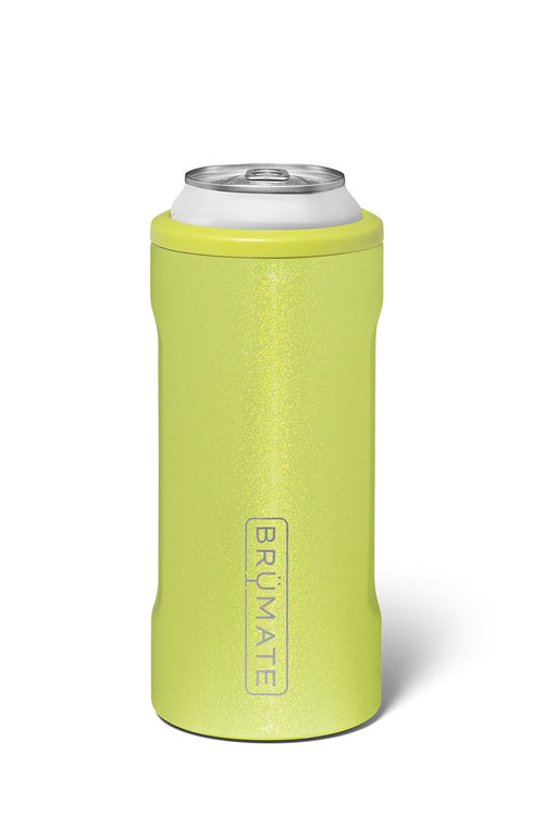 Sparkly slim can cooler in a neon yellow color