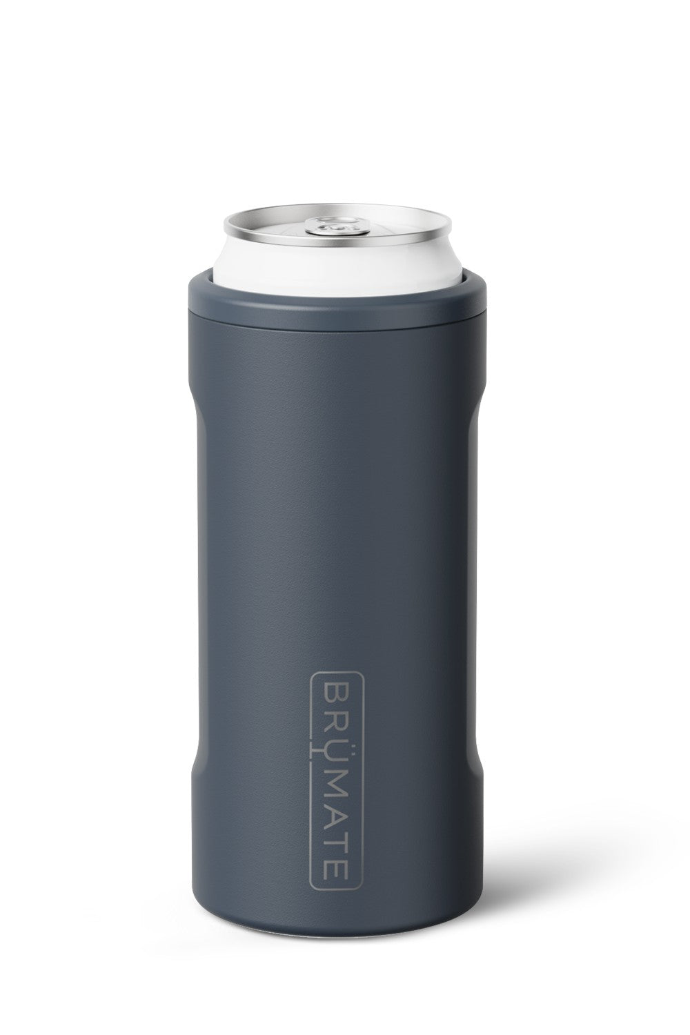 A dark slate gray insulated can cooler sleeve holding a silver aluminum can, shown on a clean white background with a soft shadow.