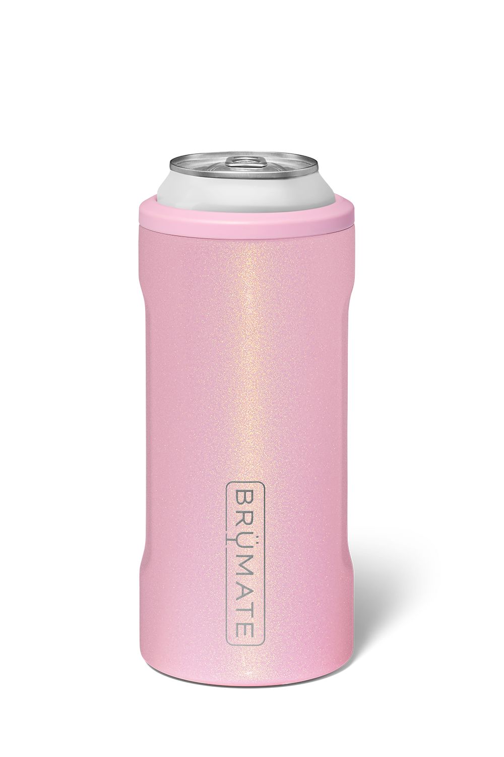 Pink sparkly slim can insulator with BruMate logo on front