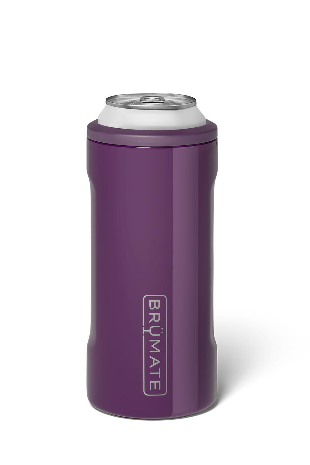 A purple insulated can cooler sleeve holding a silver aluminum can, shown on a clean white background. The sleeve features a vertical white 'BRUMATE' logo on the front.