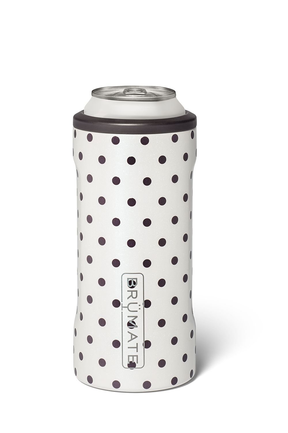 A white can cooler sleeve with black polka dots, holding a silver aluminum can, on a clean white background.