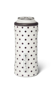 A white can cooler sleeve with black polka dots, holding a silver aluminum can, on a clean white background.