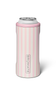 A pink and white vertically striped can cooler sleeve holding a silver aluminum can, shown on a clean white background with a soft shadow.