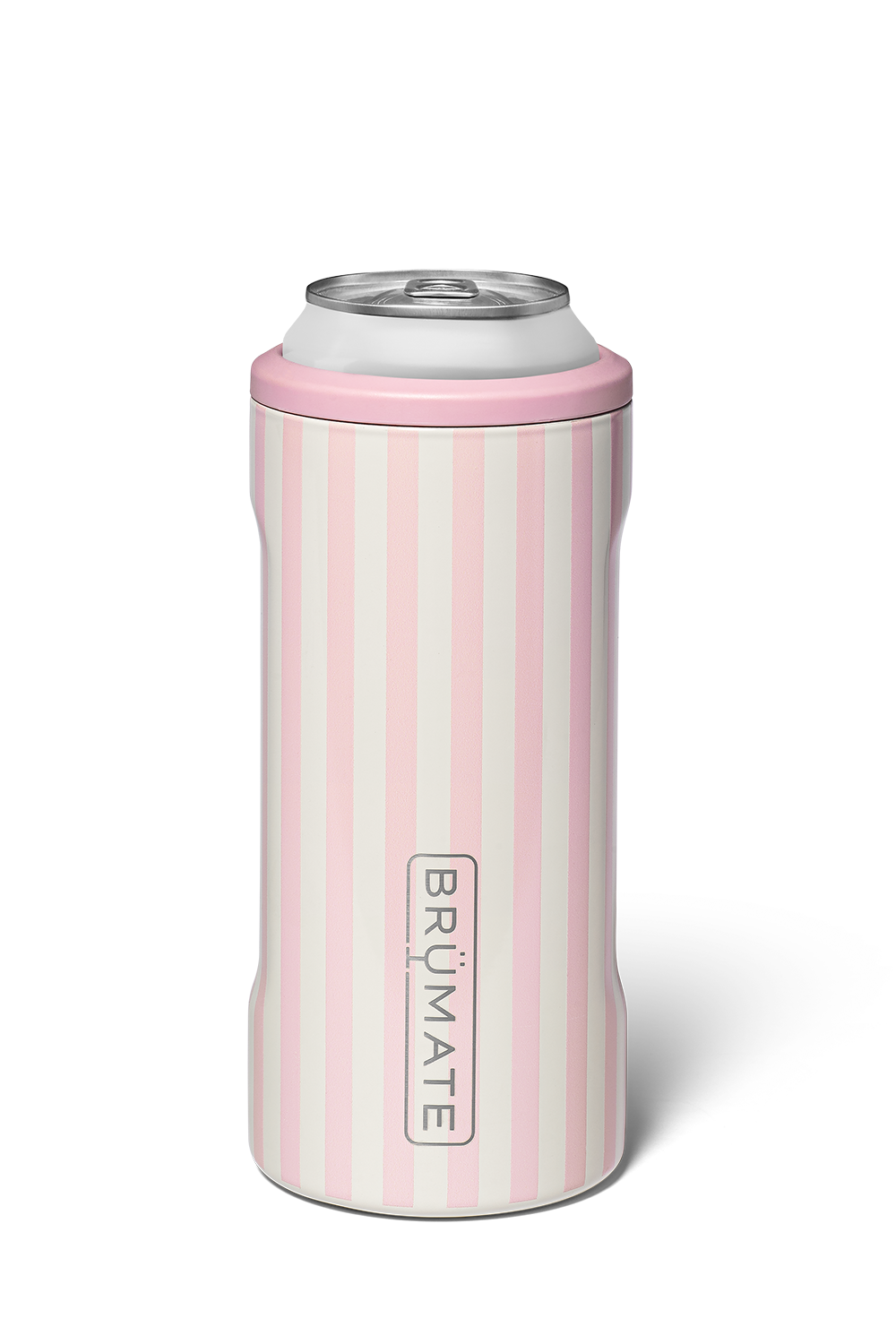 A pink and white vertically striped can cooler sleeve holding a silver aluminum can, shown on a clean white background with a soft shadow.